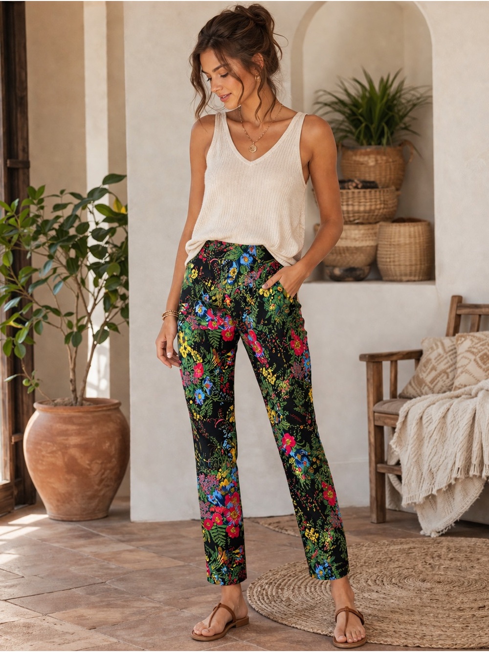 Soft Surroundings Floral Pants Women’s Large Black Multicolor Boho Stretch